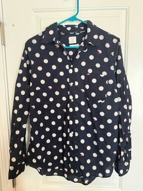 GAP Navy Fitted Boyfriend Button-Down Shirt with White Polka Dots and Foxes